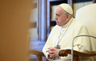 Pope Francis at his general audience address in the library of the Apostolic Palace May 5, 2021. Vatican Media.
